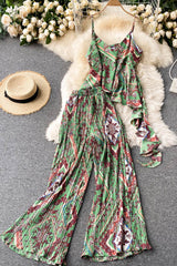 Vintage Two Piece Set, Boho Matching Top and  Pleated Pant, Gypsy Orange and Green