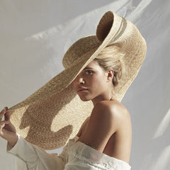 Boho Hat, Beach Hat, Extra Wide Brim Straw Hat, Anna Breeze in Black and Beige, High Quality (Straw, 35 cm)