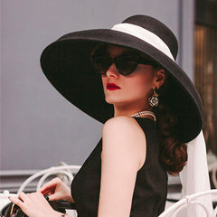 Boho Hat, Floppy Vintage Hat, Audrey Black Wool White Scraf