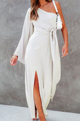 One Shoulder Flare Sleeve Knot Waist Maxi Slit Dress