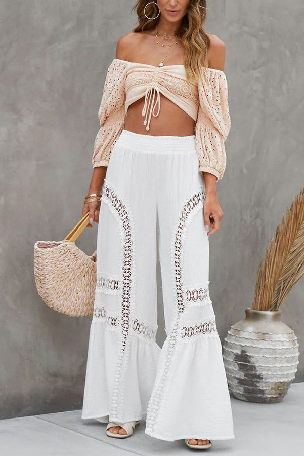 Kyomi Cotton Blend Embroidered Lace Elastic Waist Flare Pants