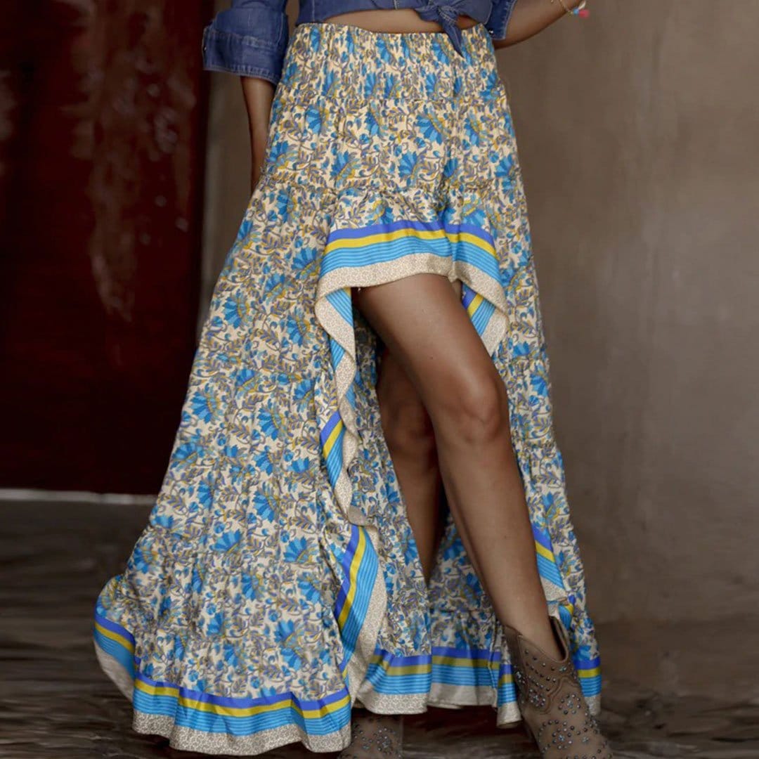 Boho Skirt, Hippie Skirts, Asymmetric Maxi Skirt, Indian Blue Floral
