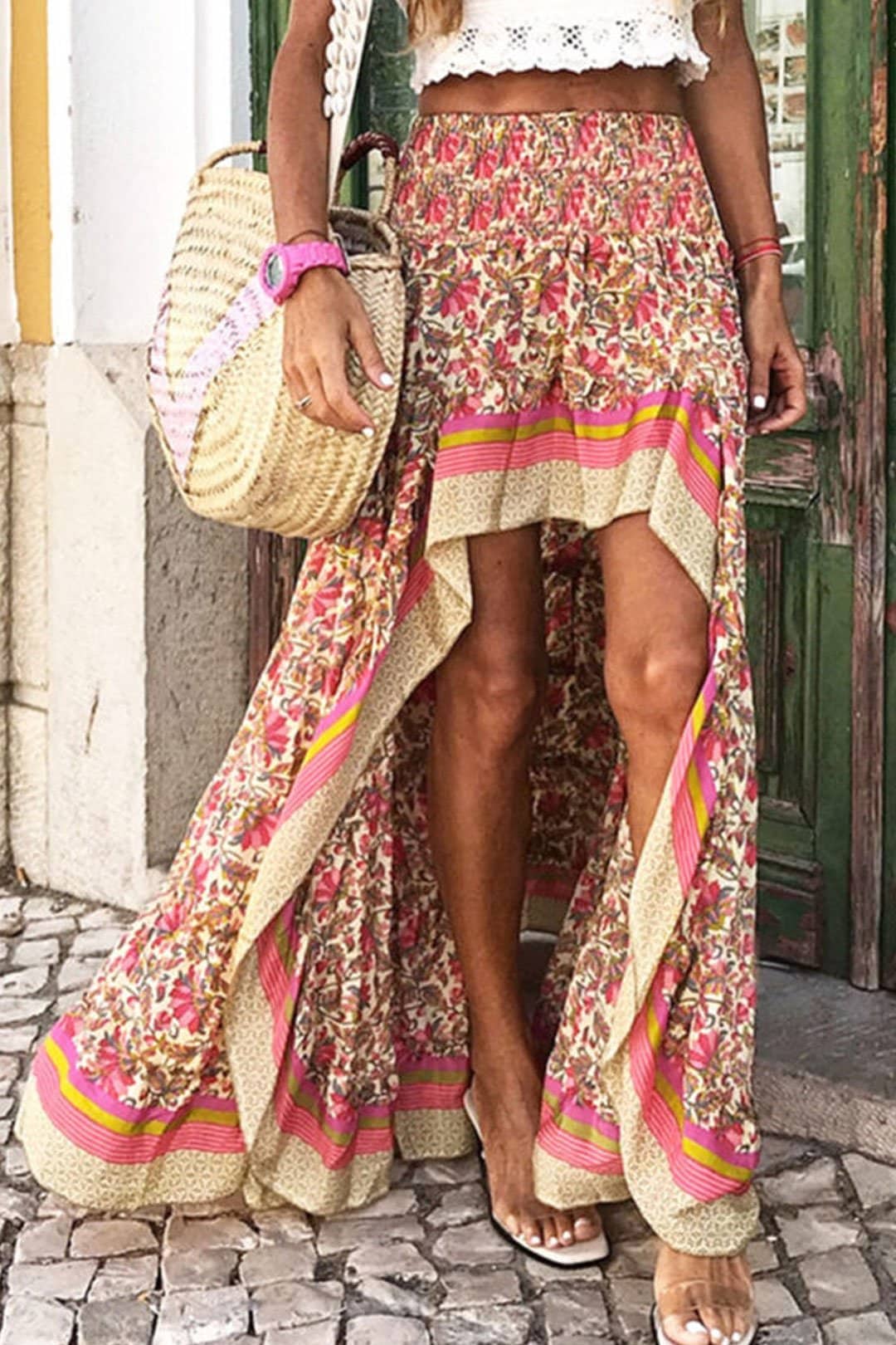 Boho Skirt, Hippie Skirts, Asymmetric Maxi Skirt, Indian Pink Floral