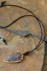 Boho Necklace,Blue and Black Agate, Jasper Arrowhead Pendant Leather