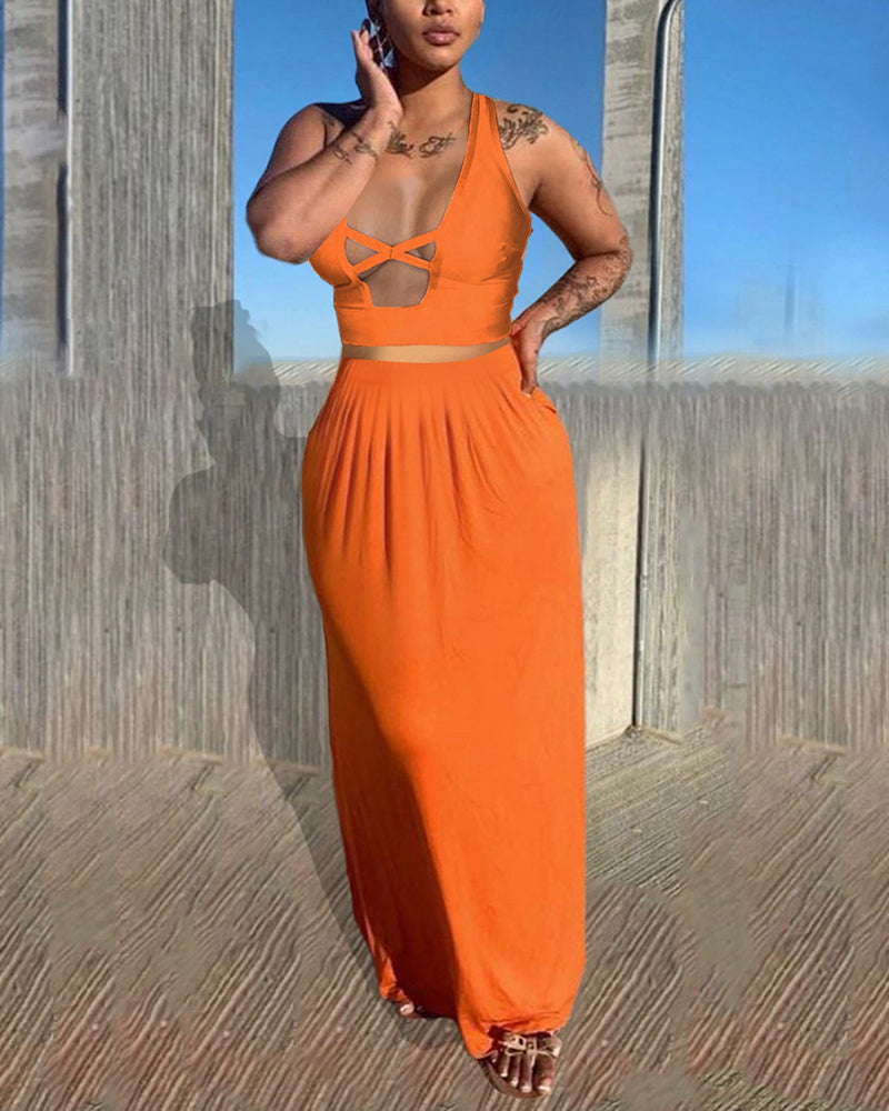 Solid Criss Cross Backless Halter Crop Top & Skirt Set