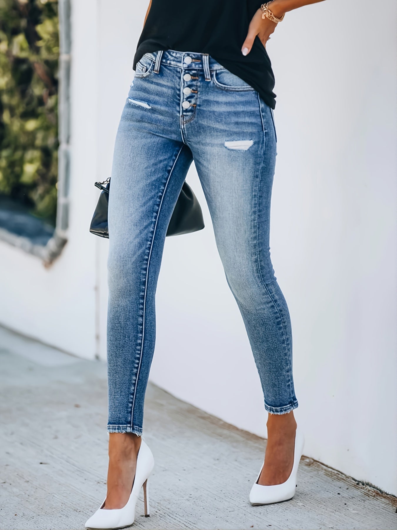 Women's Ripped Stretchy Button Fly Pocket Skinny Leg Jeans, Casual Denim Pants
