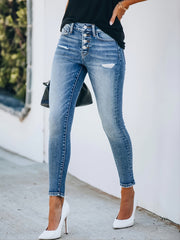 Women's Ripped Stretchy Button Fly Pocket Skinny Leg Jeans, Casual Denim Pants