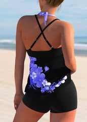 Halter Cross Strap Floral Print Tankini Set