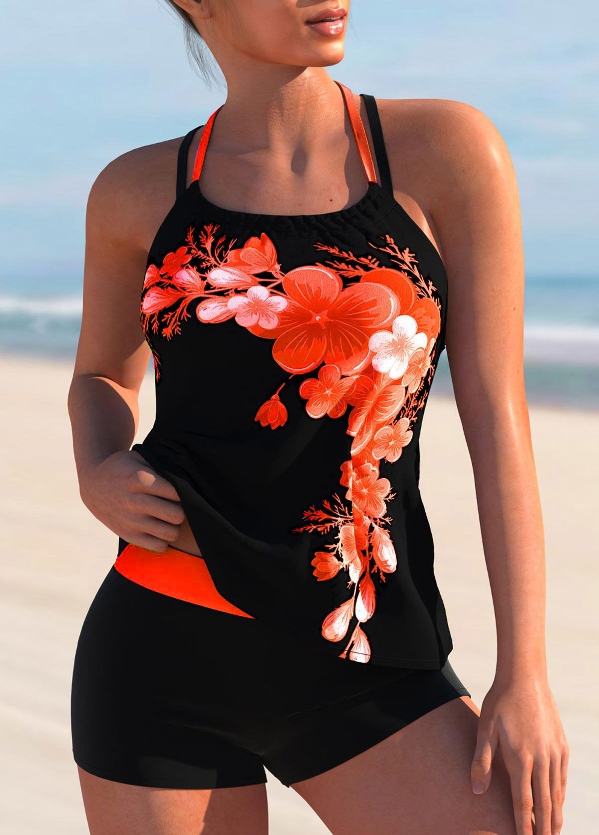 Halter Cross Strap Floral Print Tankini Set