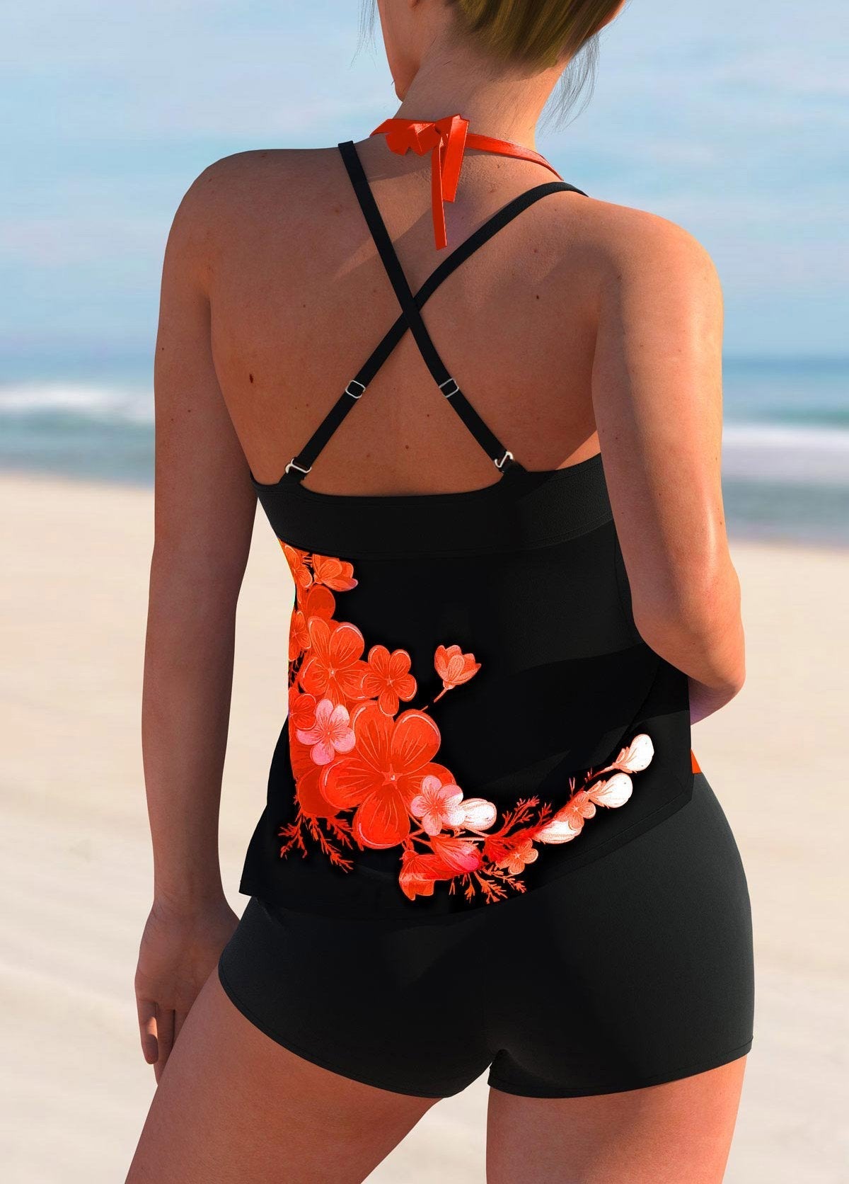 Halter Cross Strap Floral Print Tankini Set