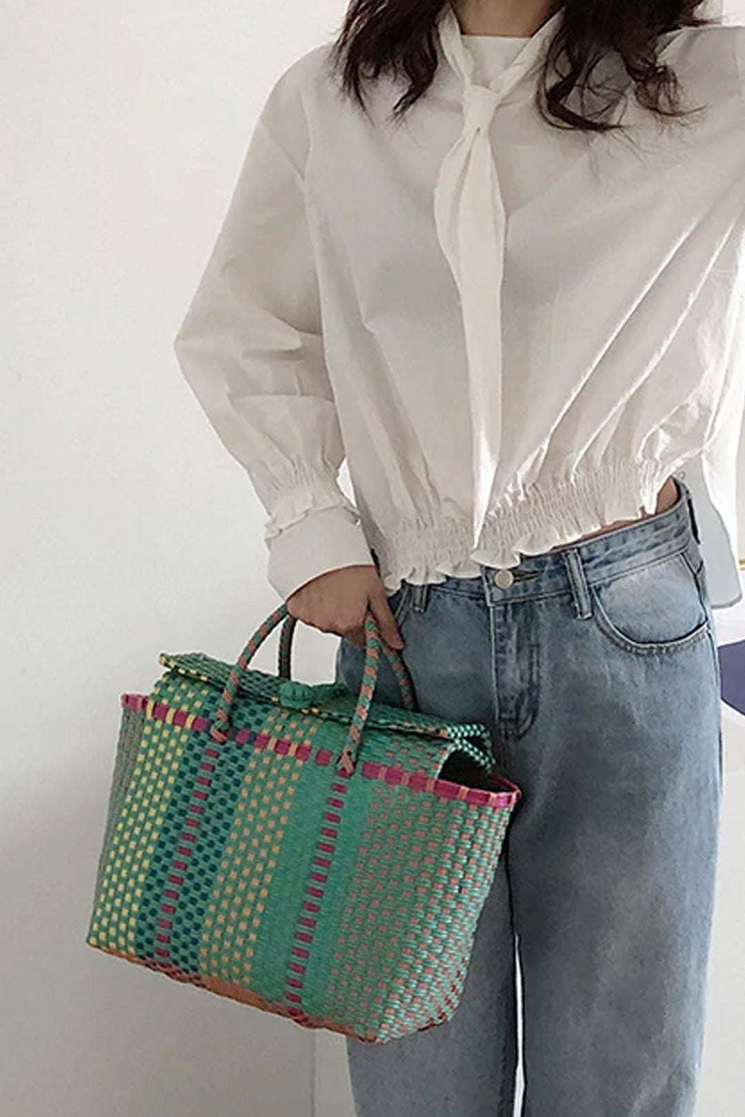Boho Bag, Woven Plastic Basket Bag, Blue Beach