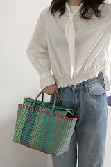 Boho Bag, Woven Plastic Basket Bag, Blue Beach