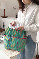 Boho Bag, Woven Plastic Basket Bag, Blue Beach