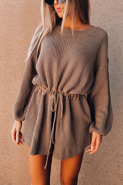 O Neck Puff Long Drawstring Sweater Romper