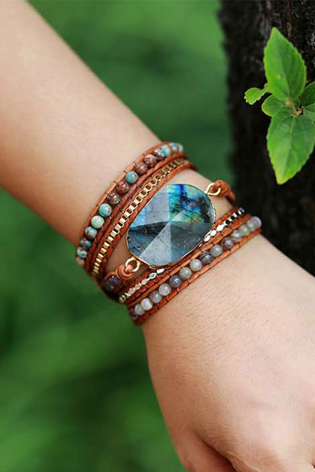 Boho Bracelet, 4 Layers Leather Wrap Bracelet, Black Onyx
