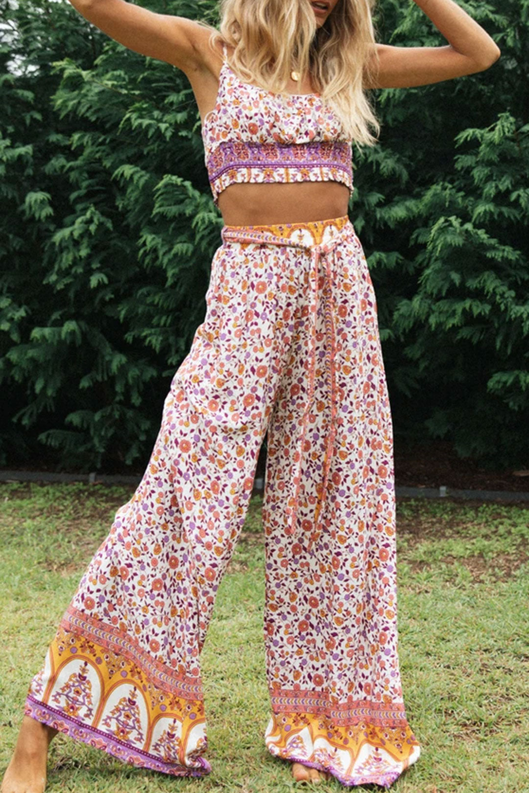 Boho Two Piece Set, Two Piece Pants Set, Pink Little Flower