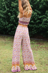 Boho Two Piece Set, Two Piece Pants Set, Pink Little Flower