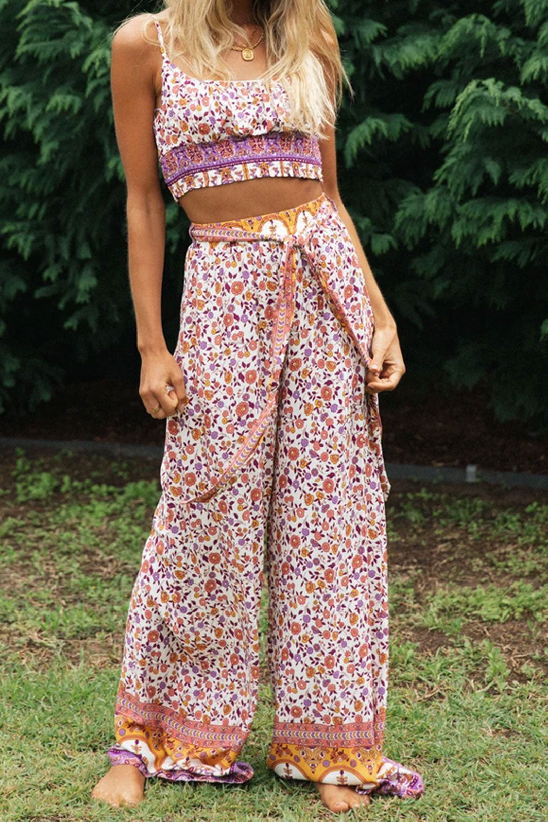 Boho Two Piece Set, Two Piece Pants Set, Pink Little Flower