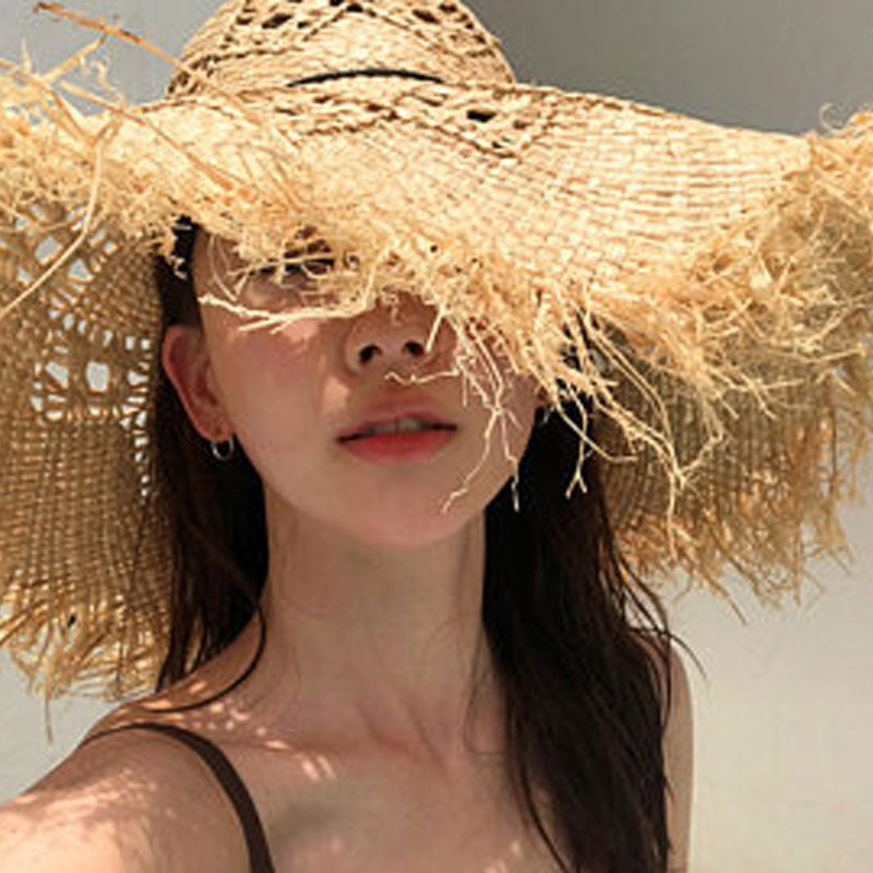 Boho Hat, Sun Beach Hat, Fringed Wide Brim Straw Hat, Kathryn in Beige and Black