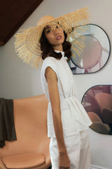Boho Hat, Sun Beach Hat, Fringed Wide Brim Straw Hat, Kathryn in Beige and Black