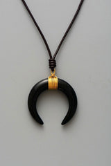 Boho Necklace, Ox Horn, Shell White and Black Onyx Crescent