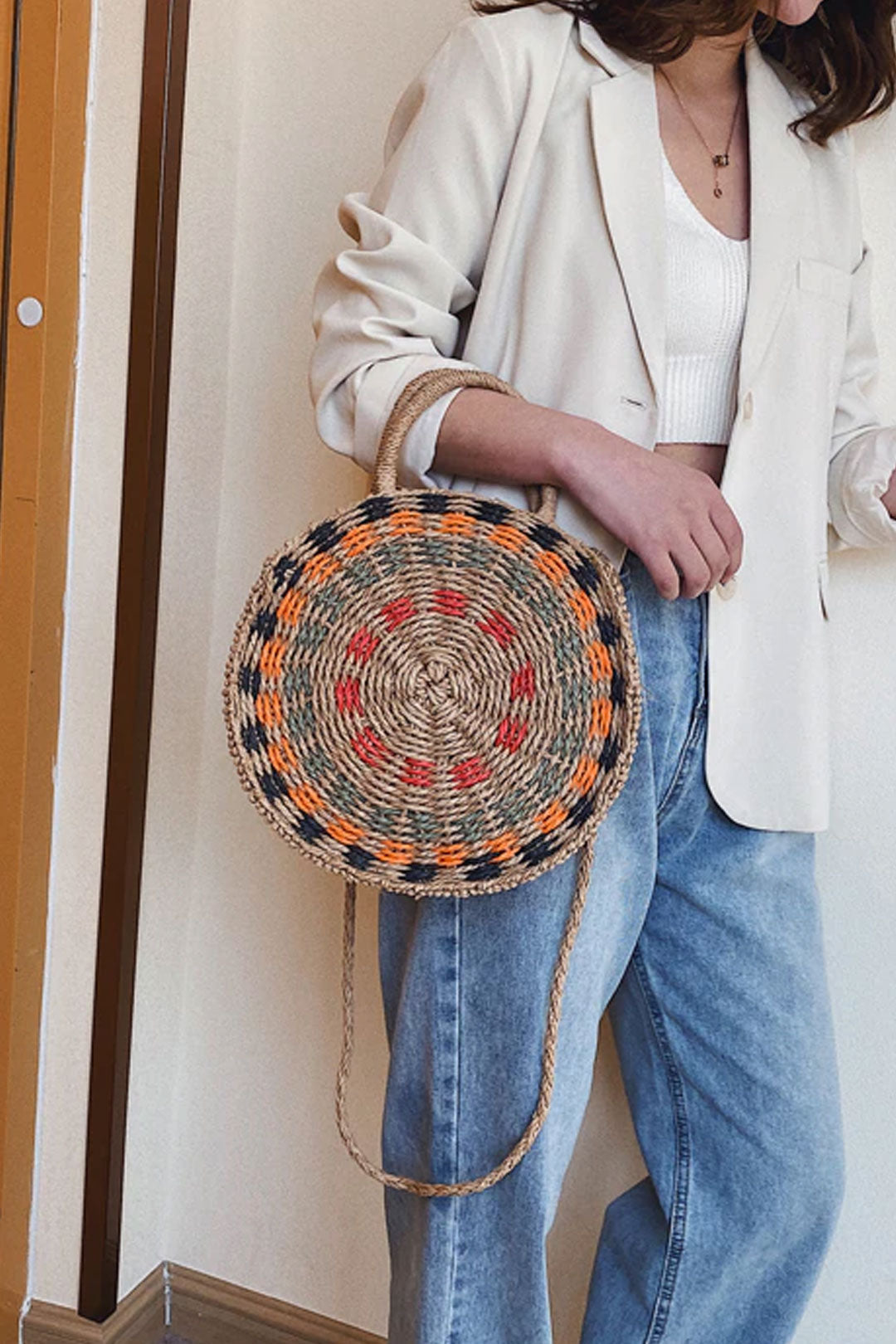 Boho Bag, Woven Round Straw Bag, Alba Yellow Rainbow