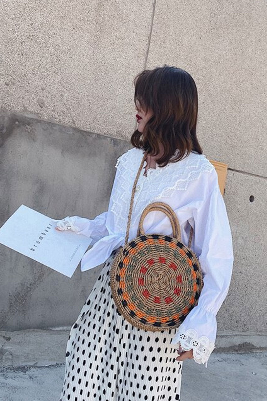 Boho Bag, Woven Round Straw Bag, Alba Yellow Rainbow
