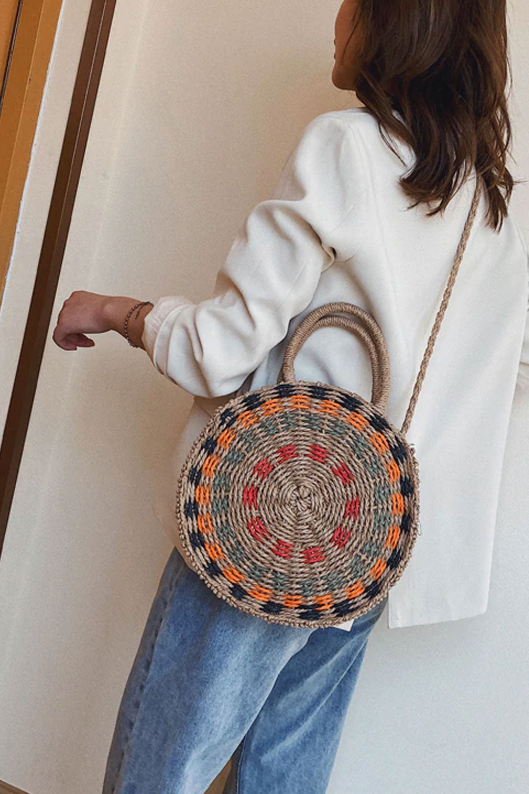 Boho Bag, Woven Round Straw Bag, Alba Yellow Rainbow