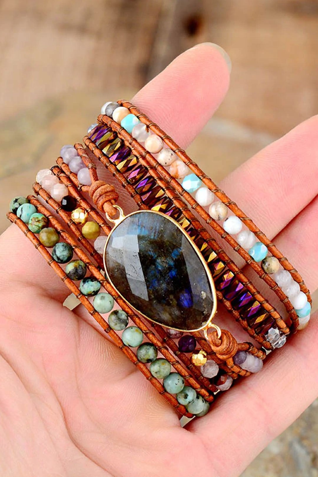 Boho Bracelet, 5 Layers Leather Wrap Bracelet, Black Onyx