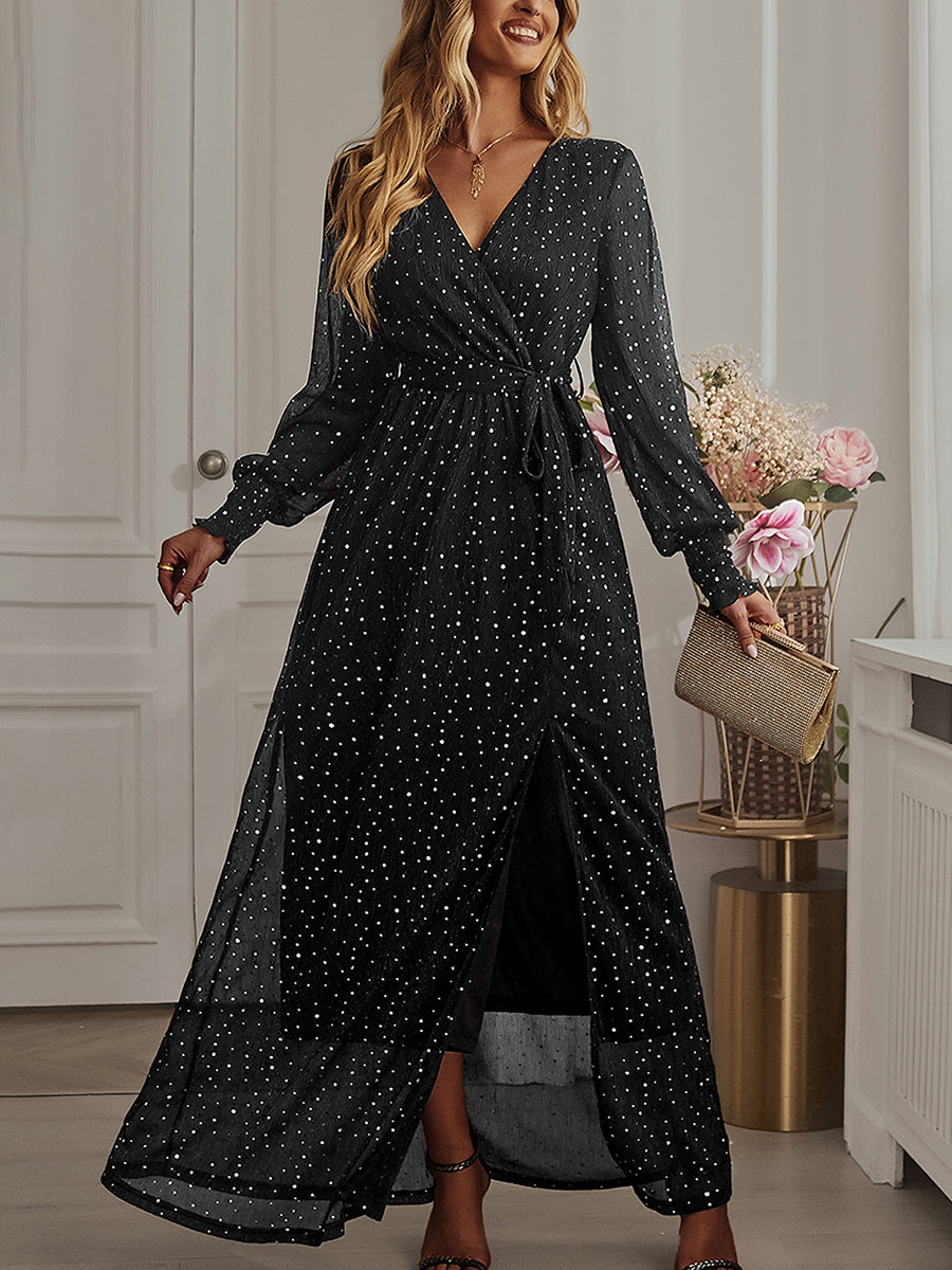 Women's Dresses Tie Waist Slit V Neck Long Sleeved Maxi Dress