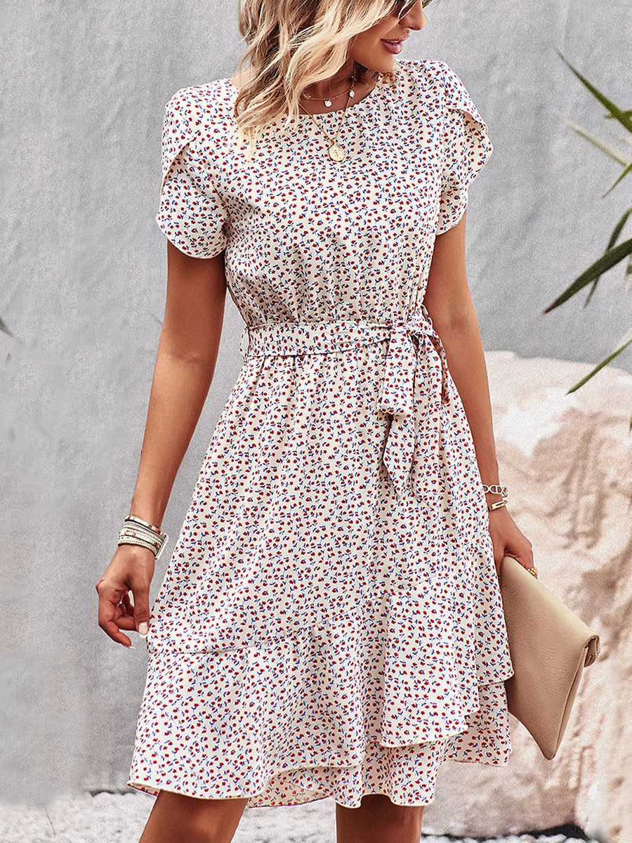 Women's Dresses Temperament Floral Casual Strap Waist Round Neck Mini Dress