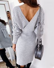 Cross V Neck Long Sleeve Tie Front Knit Sweater Dress