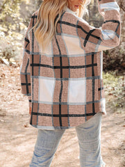 Turn Down Collar Plaid Buttoned Long Sleeve Jacket