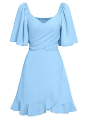 Casual Cross V-Neck Short Sleeve Wrap Solid Mini Dress