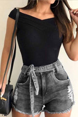 High Waist Lace-up Denim Shorts