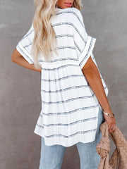 Button Up V Neck Short Sleeve Oversize Blouse Top