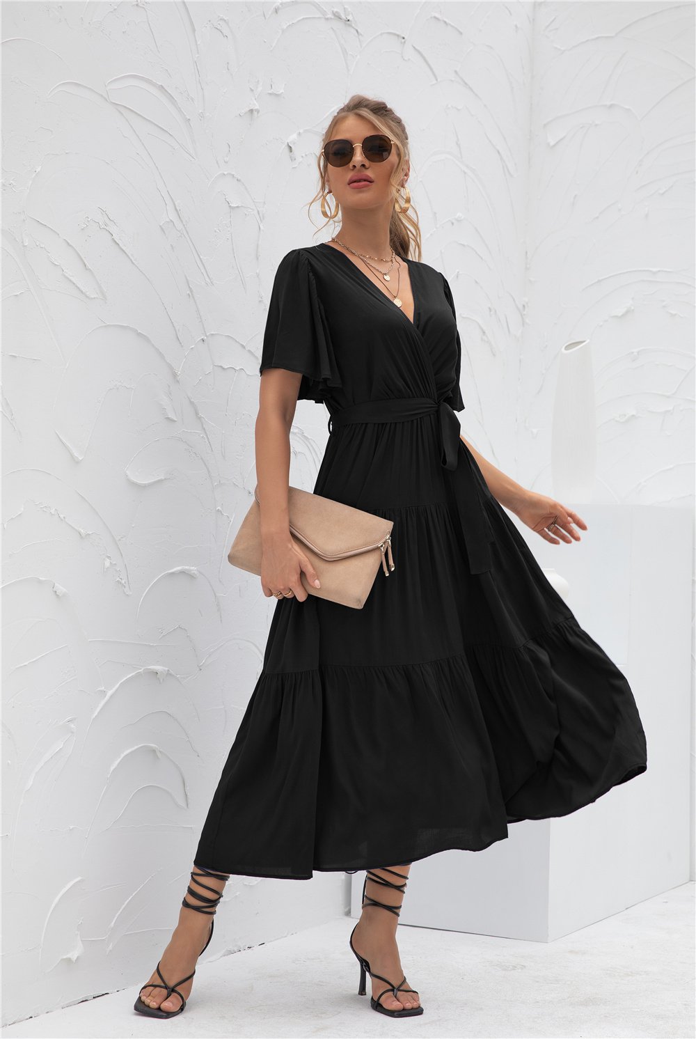 Short Sleeve V Neck Flowy Waist Wrap Maxi Dress