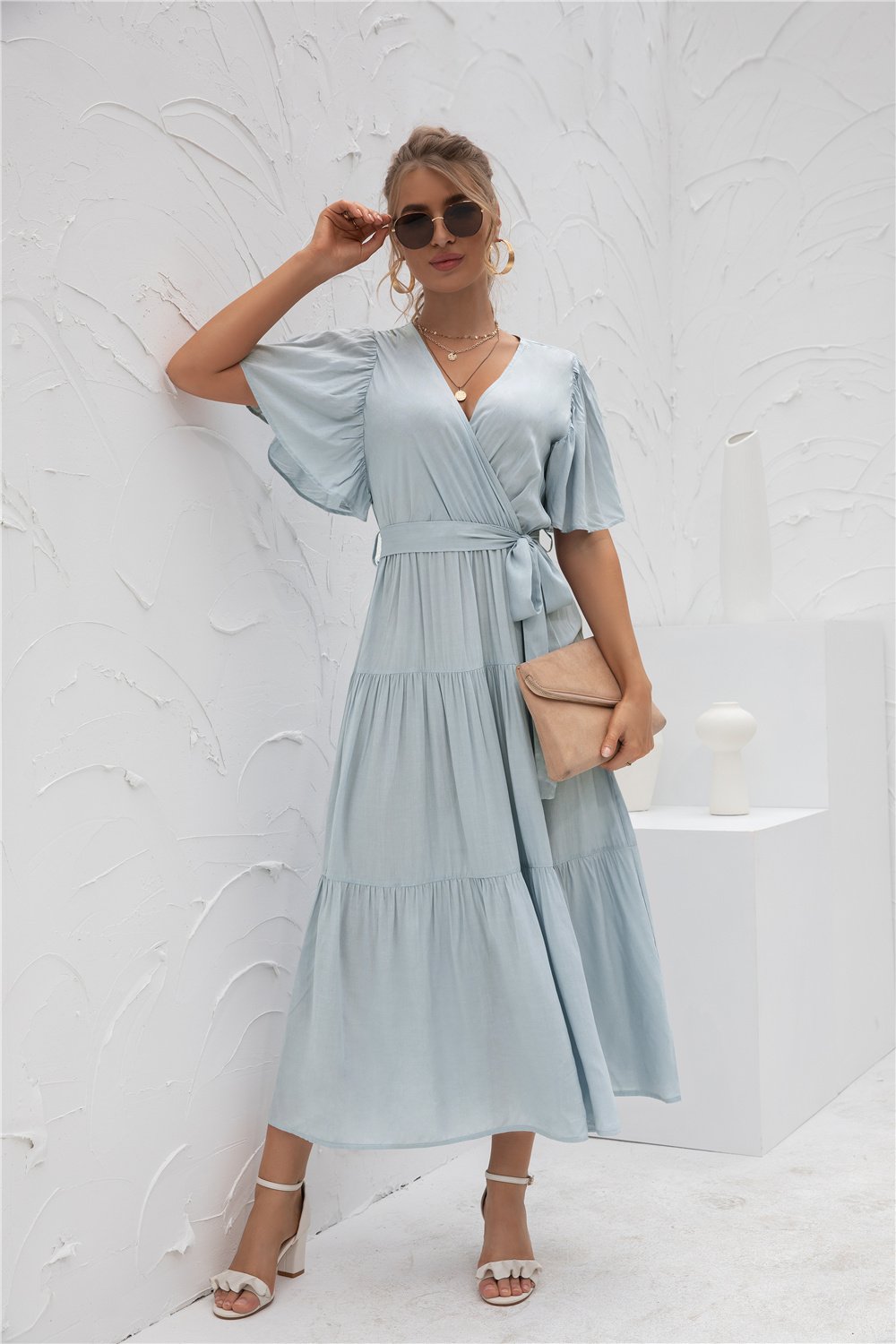 Short Sleeve V Neck Flowy Waist Wrap Maxi Dress