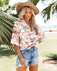 Short Sleeve V Neck Collar Tie Front Floral Blouse Top