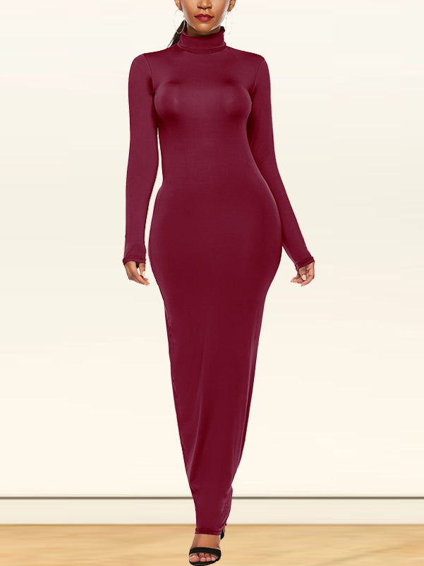 Turtleneck Long Sleeve Solid Color Bodycon Maxi Dress