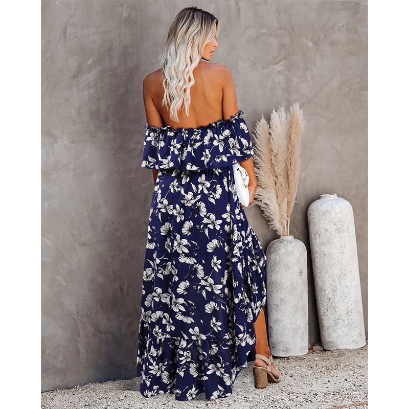 Off Shoulder Ruffle Floral Bodycon Maxi Dress