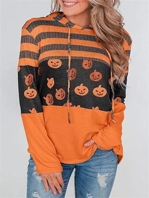Pumpkin Print Color Block Splicing Drawstring Hoodies