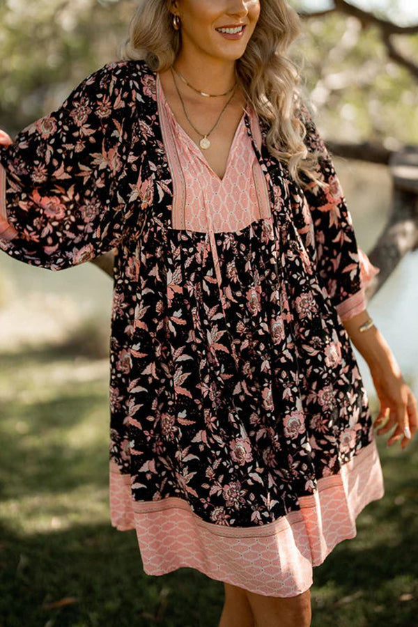 Trisha Bohemian Print Balloon Sleeve Pocketed Babydoll Mini Dress