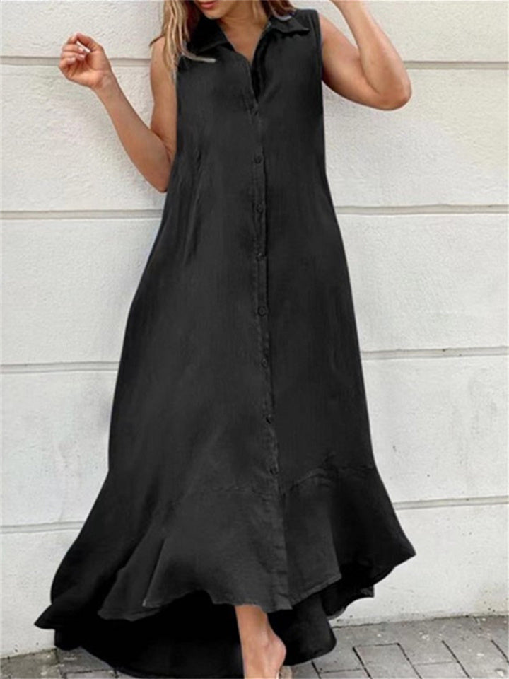 New Temperament Commuter Lapel Sleeveless Single Row One Button Cotton Linen Hem Long Mid-waist Dresses for Women