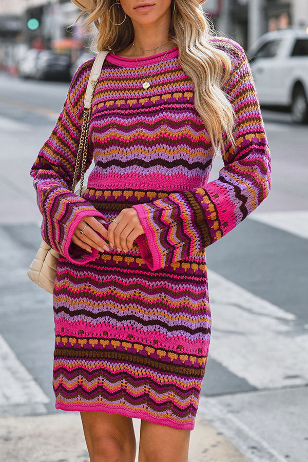 Fall Spice Long Sleeve Crochet Knit Mini Dress