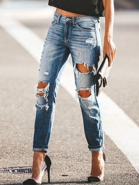 High waist Hole Straight Jeans