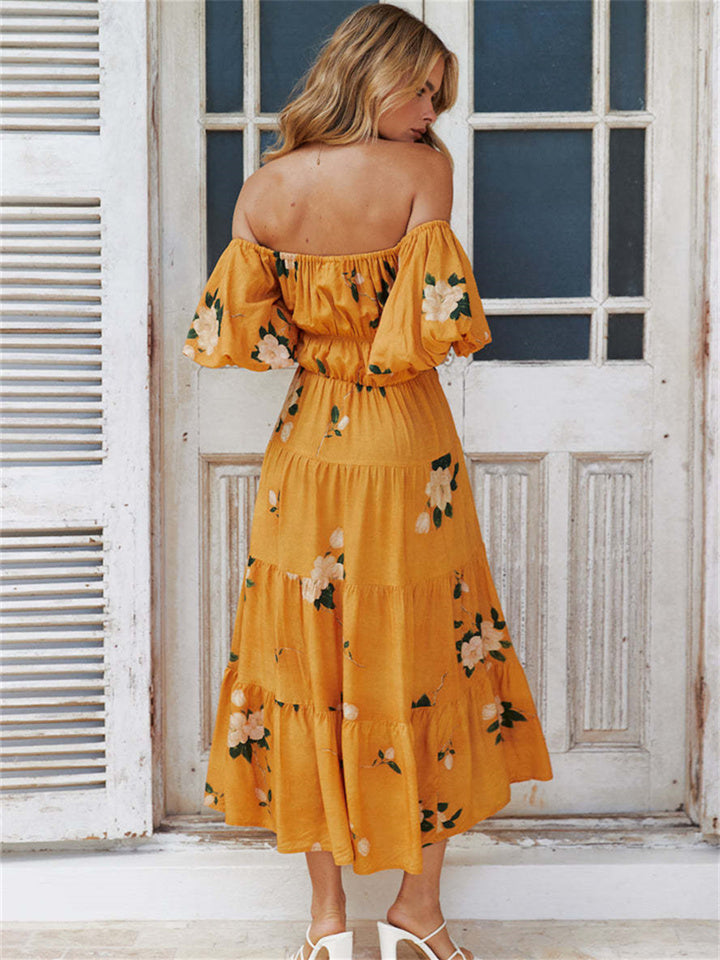 One-neck Strapless Bubble Sleeve Print Dress Short Sleeve Long Dress Brown Yellow Green S M L XL