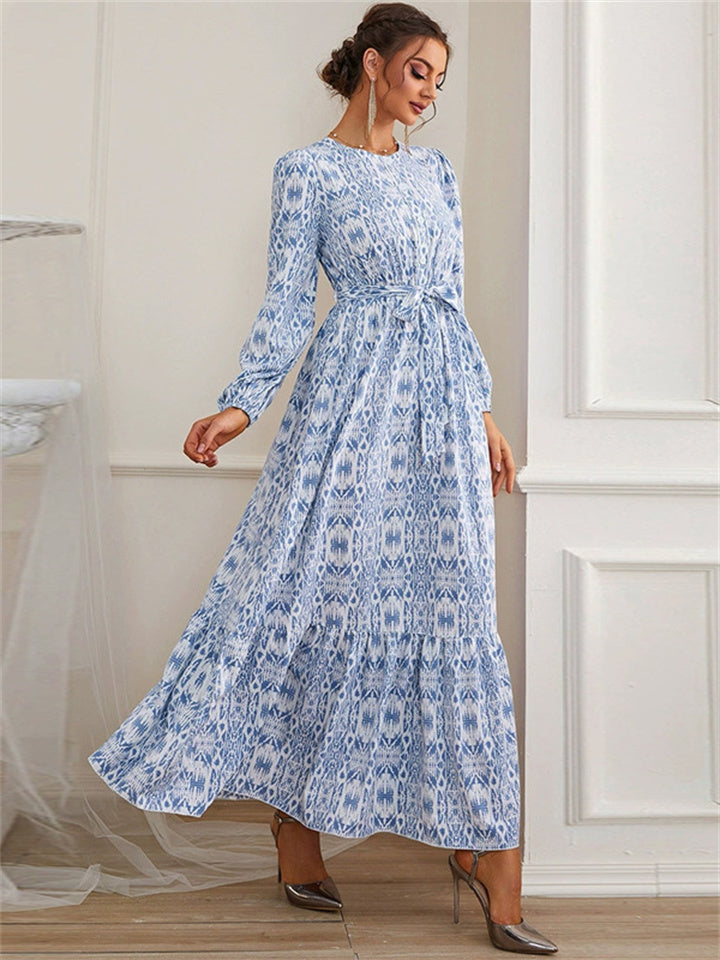 Women's Spring and Summer New Fashion Round Neck Gradient Color Long-sleeved French Oversized Hem Dress High Waist Dress