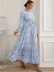 Women's Spring and Summer New Fashion Round Neck Gradient Color Long-sleeved French Oversized Hem Dress High Waist Dress
