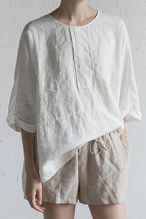 O Neck Slit Back Loose Linen Blouse